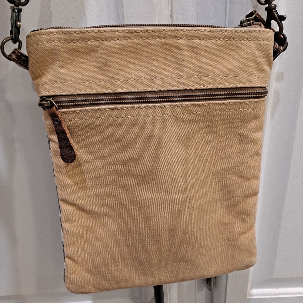 Myra Bag Brown Leather and Gray Blue Camo Canvas With Star Cowhide Crossbody - Picture 4 of 8
